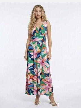 Pappagallo Floral Maxi Dress L Colorful Tropical Faux Wrap NWT